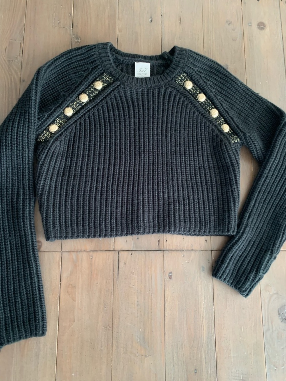 Cinq a Sept wool blend crop sweater black gold buttons NWOT